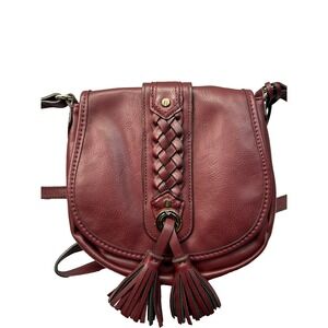 TIG Burgundy Crossbody Bag Braided Strap Tassel Saddle Purse | Faux Leather